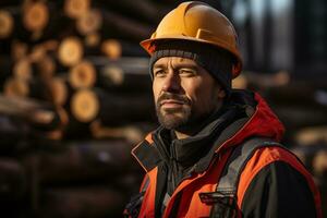 AI generated portrait of a man worker in a hard hat on a blurred industrial background photo