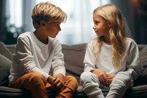 AI generated little boy and girl sitting on sofa and communicate at home photo