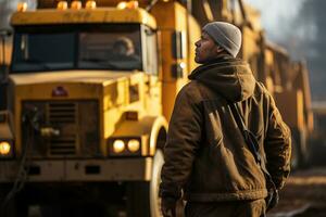 AI generated man in working overall stands with his back against the background of heavy equipment photo