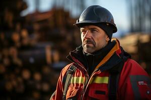 ai generado retrato de un hombre trabajador en un difícil sombrero en un borroso industrial antecedentes foto