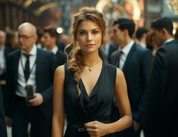 AI generated portrait of beautiful woman against the backdrop of a street with a people in business suits photo