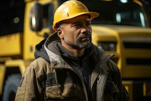 AI generated man in working overall against the background of some heavy trucks equipment photo