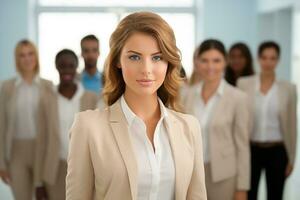 AI generated business team concept - smiling businesswoman over group of businesspeople in office photo