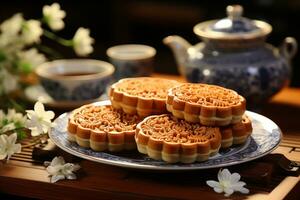 AI generated Moon cakes for Mid-Autumn Festival on wooden table with tea. photo