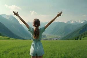 AI generated back view of woman standing on a hill with her hands up in the air photo