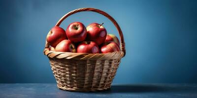 ai generado un cesta lleno de rojo manzanas en un azul antecedentes foto