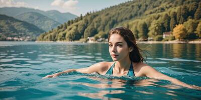 AI generated a woman smiling while swimming in a beautiful lake photo