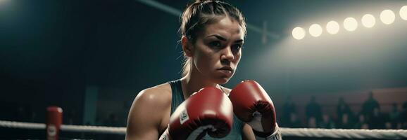 AI generated female boxer training in boxing ring photo