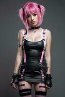 a woman with pink hair and a leather outfit photo
