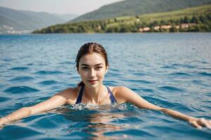 ai generado un mujer sonriente mientras nadando en un hermosa lago foto