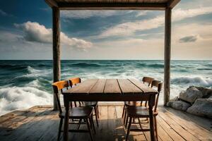 AI generated table and chairs on the beach with the ocean in the background photo