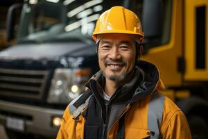 AI generated smiling asian man worker against the background of some heavy truck equipment photo