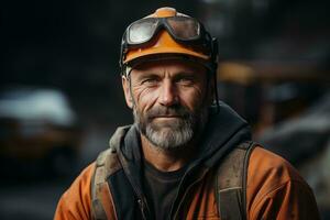 AI generated portrait of a man worker in a hard hat on a blurred industrial background photo