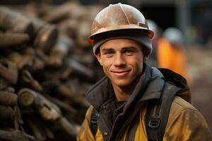 AI generated portrait of young man worker in a hard hat on a blurred industrial background photo