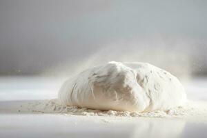 AI generated lump of dough among the flour on the baking table photo