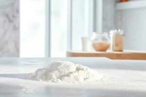 AI generated pile of flour poured onto the baking table before making bread photo