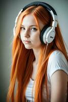 AI generated a young woman with long red hair wearing headphones photo