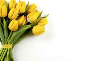 AI Generated Banner on white background, bouquet of yellow tulips tied with yellow ribbon, on the right, blank space for text photo