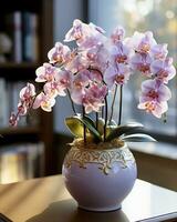 AI Generated On a wooden pedestal stands an orchid in a light pot with gold patterns in the background in the background in out-of-focus bookshelves and window photo