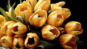 AI Generated Close-up of yellow tulip buds on black background photo