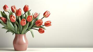 AI Generated On a light table there is a pale pink vase with red tulips against a white wall, on the right there is an empty space for an inscription photo