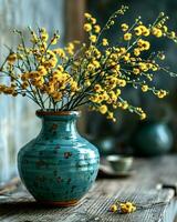 AI Generated On a wooden table is a blue clay vase with a bouquet of mimosa flowers photo