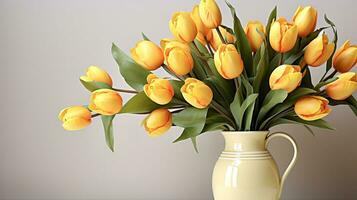 AI Generated a bouquet of yellow tulips on the left on a white background photo