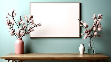 AI Generated On a wooden table there is a pink vase with artificial branches and pink flowers and a transparent vase on a pale blue wall hangs a white blank frame for text photo