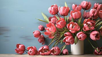 AI Generated Close-up on a light table in a white vase stands a huge bouquet of scarlet tulips against the background of a light blue wooden background photo