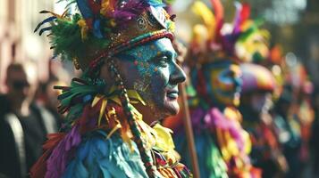 ai generado de cerca de un hombre con oscuro piel y maquillaje en su cara durante un festival en un ciudad calle foto