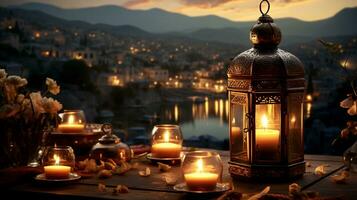AI Generated on a wooden table there are lit candles and a lantern with a symbol of the moon against the background of the evening city on the holiday of Ramadan photo
