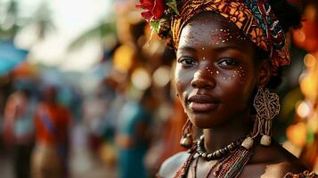ai generado el africano niña con oscuro piel de cerca a festival al aire libre foto