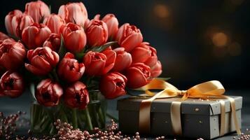 ai generado en el mesa es un gris regalo caja decorado con un amarillo cinta y amarillo rosario, siguiente a el caja es un ramo de flores de rojo tulipanes foto