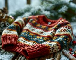 ai generado de cerca de para niños Navidad suéter hecho con su propio manos acostado en de madera mesa, selectivo atención foto