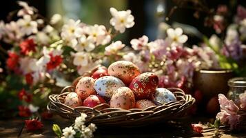 AI Generated Close-up of red, blue and pink Easter eggs lie in a wicker basket, in the background in the out-of-focus sprigs of jasmine and other flowers photo