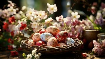 ai generado de cerca de rojo, azul y rosado Pascua de Resurrección huevos mentira en un mimbre cesta, en el antecedentes en el fuera de foco ramitas de jazmín y otro flores foto