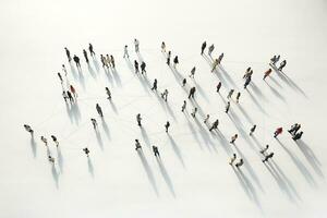 AI generated Aerial view of crowd people connected by lines, social media and communication concept. Top view of men and women isolated on white background with shadows. Staying online, internet photo