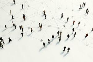 AI generated Aerial view of crowd people connected by lines, social media and communication concept. Top view of men and women isolated on white background with shadows. Staying online, internet photo