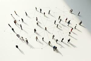 ai generado aéreo ver de multitud personas conectado por líneas, social medios de comunicación y comunicación concepto. parte superior ver de hombres y mujer aislado en blanco antecedentes con oscuridad. quedarse en línea, Internet foto