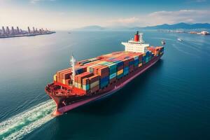 AI generated Aerial top down view of a large container cargo ship in motion over open ocean with copy space photo