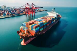 AI generated Aerial top down view of a large container cargo ship in motion over open ocean with copy space photo