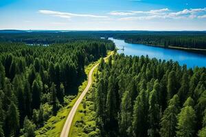 ai generado aéreo ver de un la carretera en el medio de el bosque , la carretera curva construcción arriba a montaña foto