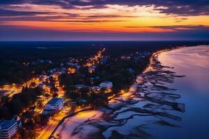 ai generado aéreo ver de el puesta de sol terminado el playa foto