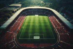 AI generated Aerial Establishing Shot of a Whole Stadium with Soccer Championship Match. Teams Play, Crowd of Fans Cheer. Sports Concept. photo