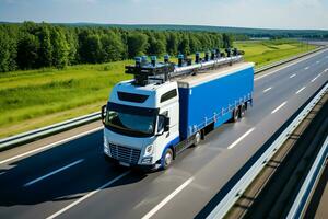 ai generado avanzado tecnología concepto grande camión con carga remolque unidades en el la carretera es transformado futurista concepto vehículo foto