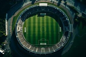 AI generated Aerial Establishing Shot of a Whole Stadium with Soccer Championship Match. Teams Play, Crowd of Fans Cheer. Sports Concept. photo