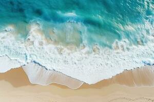 ai generado parte superior ver aéreo imagen desde zumbido de un maravilloso hermosa mar paisaje playa con turquesa agua con Copiar espacio foto