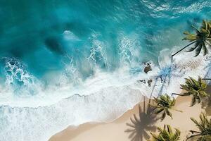 ai generado parte superior ver aéreo imagen desde zumbido de un maravilloso hermosa mar paisaje playa con turquesa agua con Copiar espacio foto