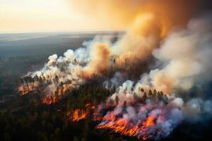 AI generated Forest fire, natural disaster, rampant fire burning trees and grass. Smoke from a fire over the forest. 3d rendering photo