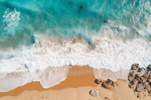 AI generated Top view aerial image from drone of an stunning beautiful sea landscape beach with turquoise water with copy space photo
